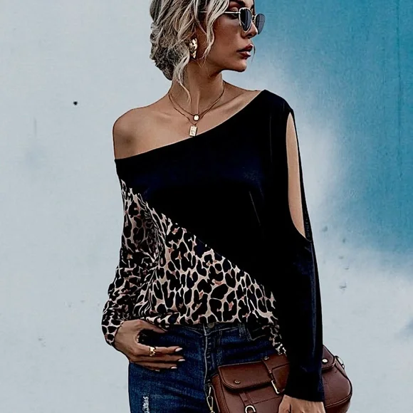 Asymmetric Leopard Color Block Long Sleeve Top - Picture 4 of 6